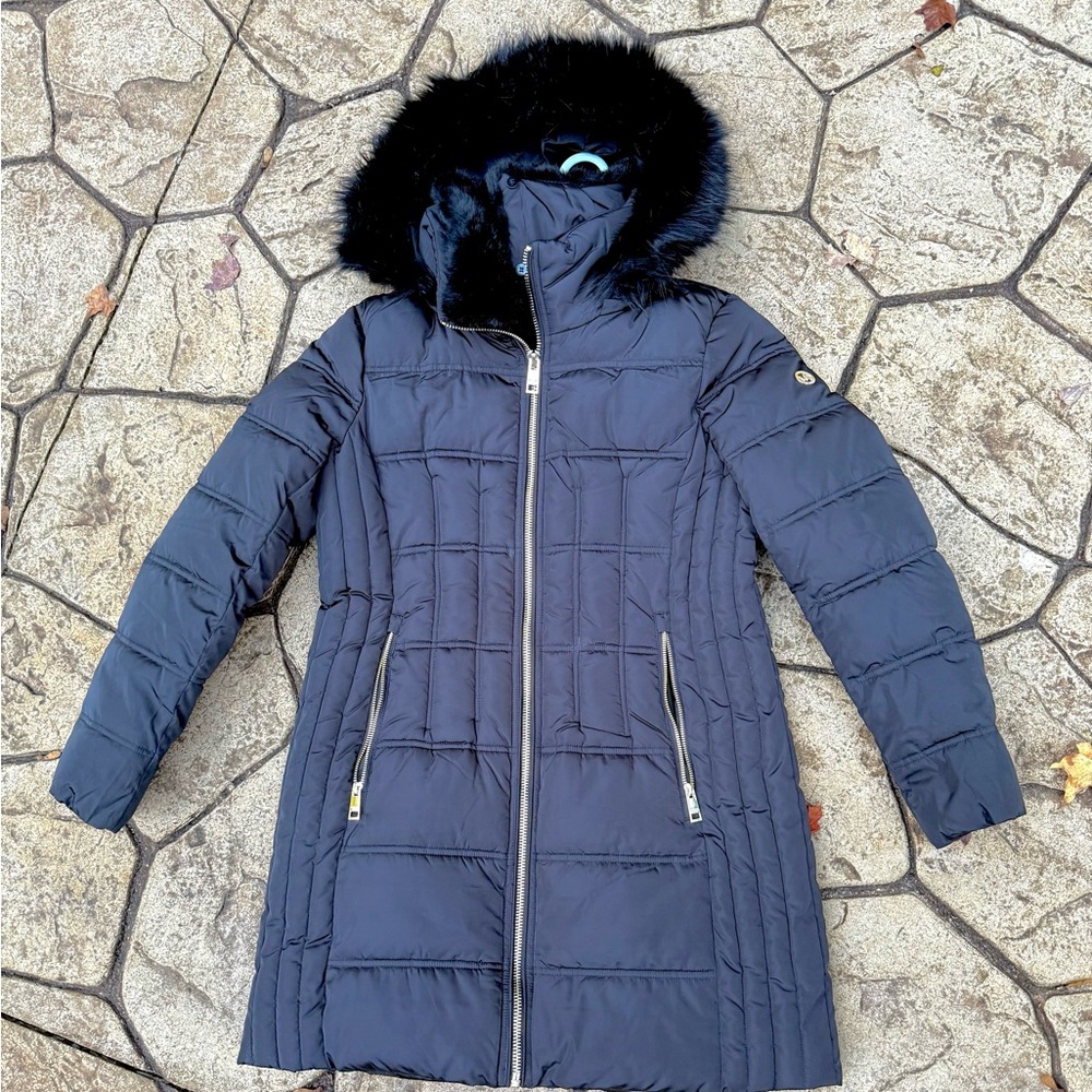 New Michael Kors Black Puffer Winter Coat Jacket Fur Lined Gold Details - Medium
